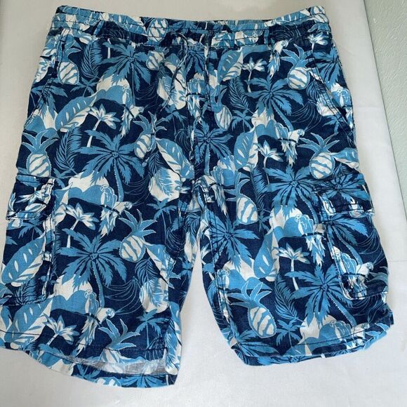 Saks Fifth Avenue Pure Linen Blue White Cargo Casual  Shorts 9 In Pull On Mens M - Picture 1 of 6